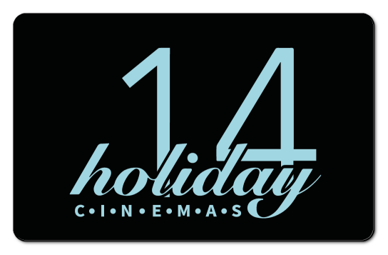 holiday cinemas 14 pale blue logo on a black background